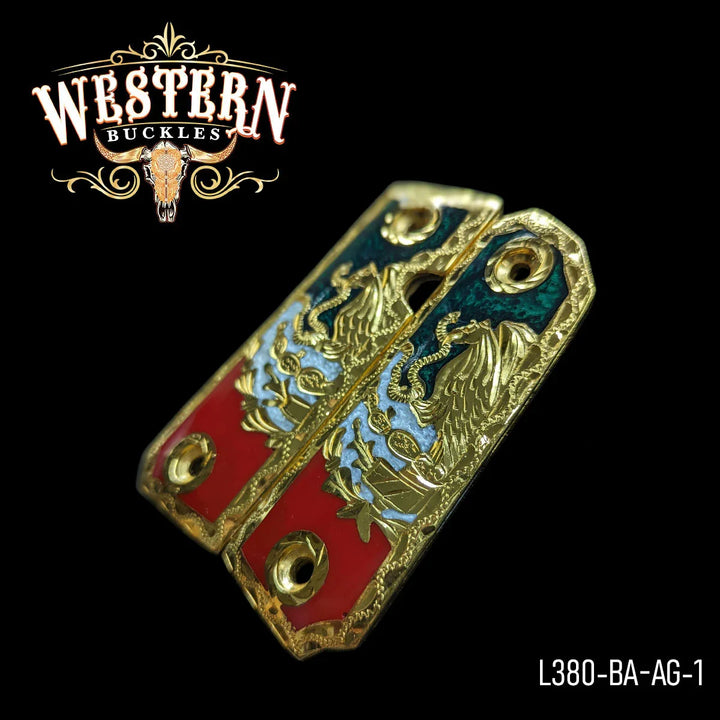 Gold engraved pistol grips with red and green detail, custom 1911 grips on black background.