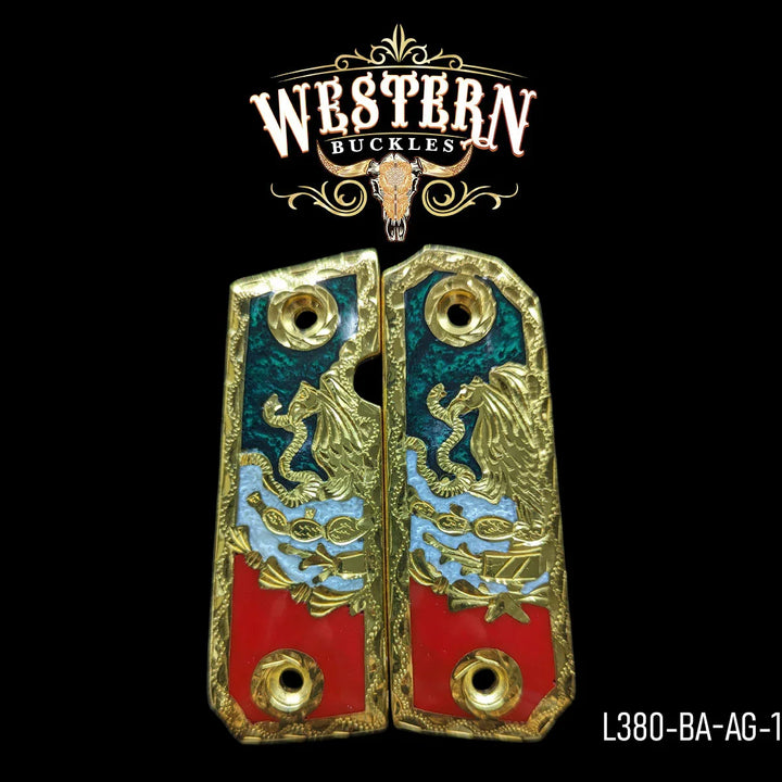 Gold and enamel Mexican flag pistol grips with eagle design for Colt 1911, custom gun accessories