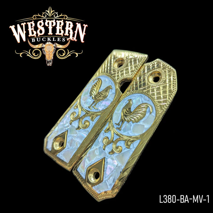 Gold and pearl pistol grips with rooster design, decorative engraved gun accessory