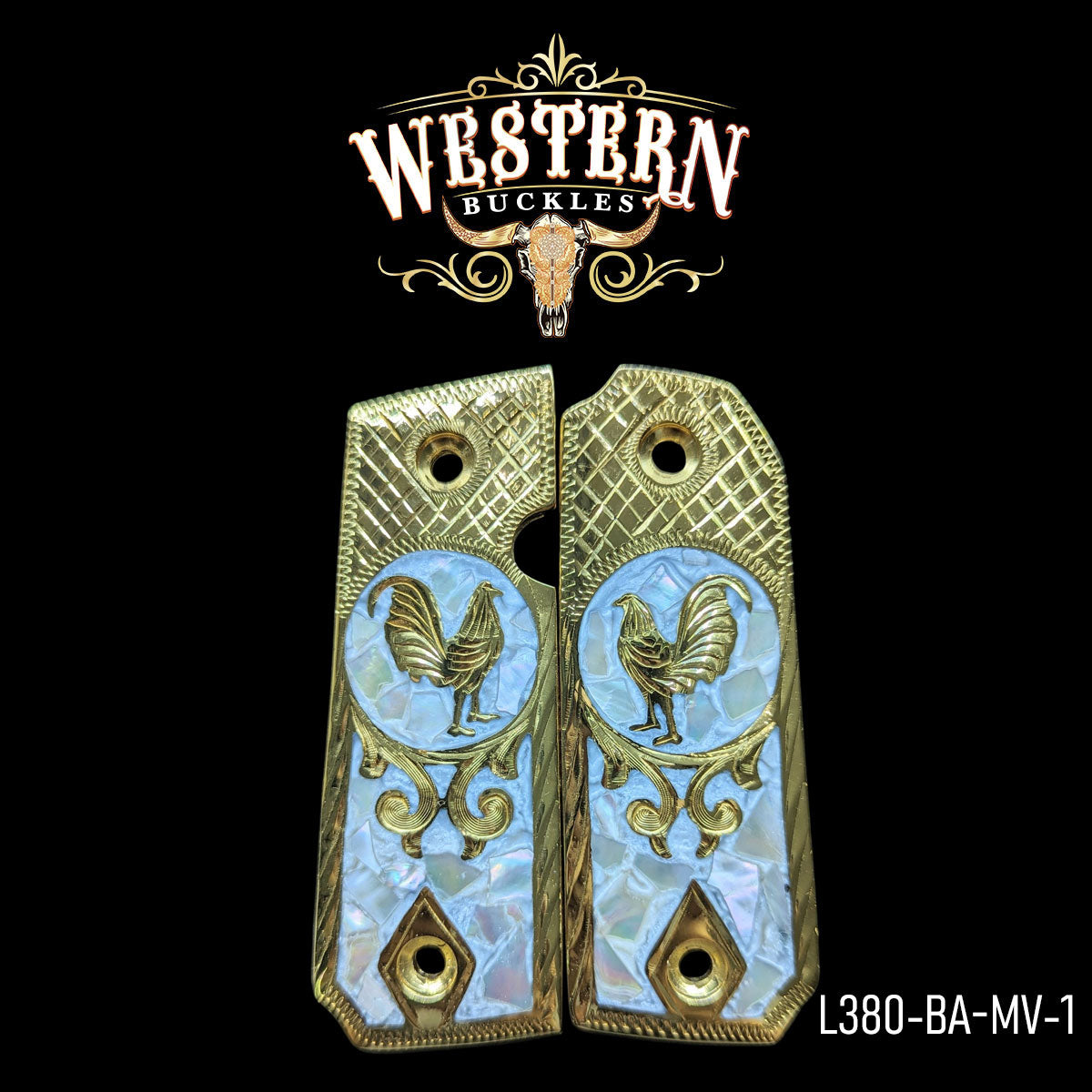 Cachas Llama 380 Grips Gallos Resina y Oro