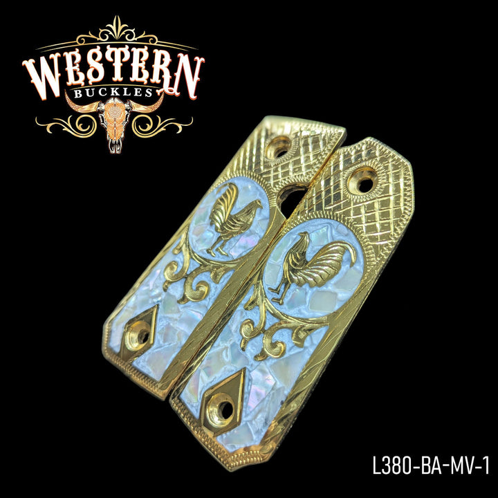 Llama Rooster Gun Grips — Artisan Resin | 24K Gold Plated — Detail View | Western Buckles Handcrafted | SKU L380-BA-MV-1