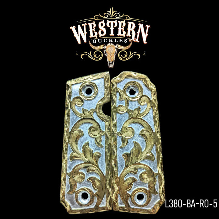 Ornate gold and silver engraved pistol grips for 1911 with Western style floral design