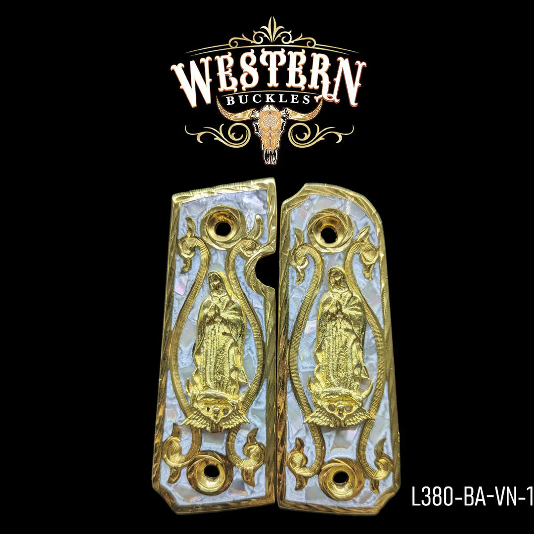 Custom Colt 1911 pistol grips with gold Virgen de Guadalupe and pearl inlay design