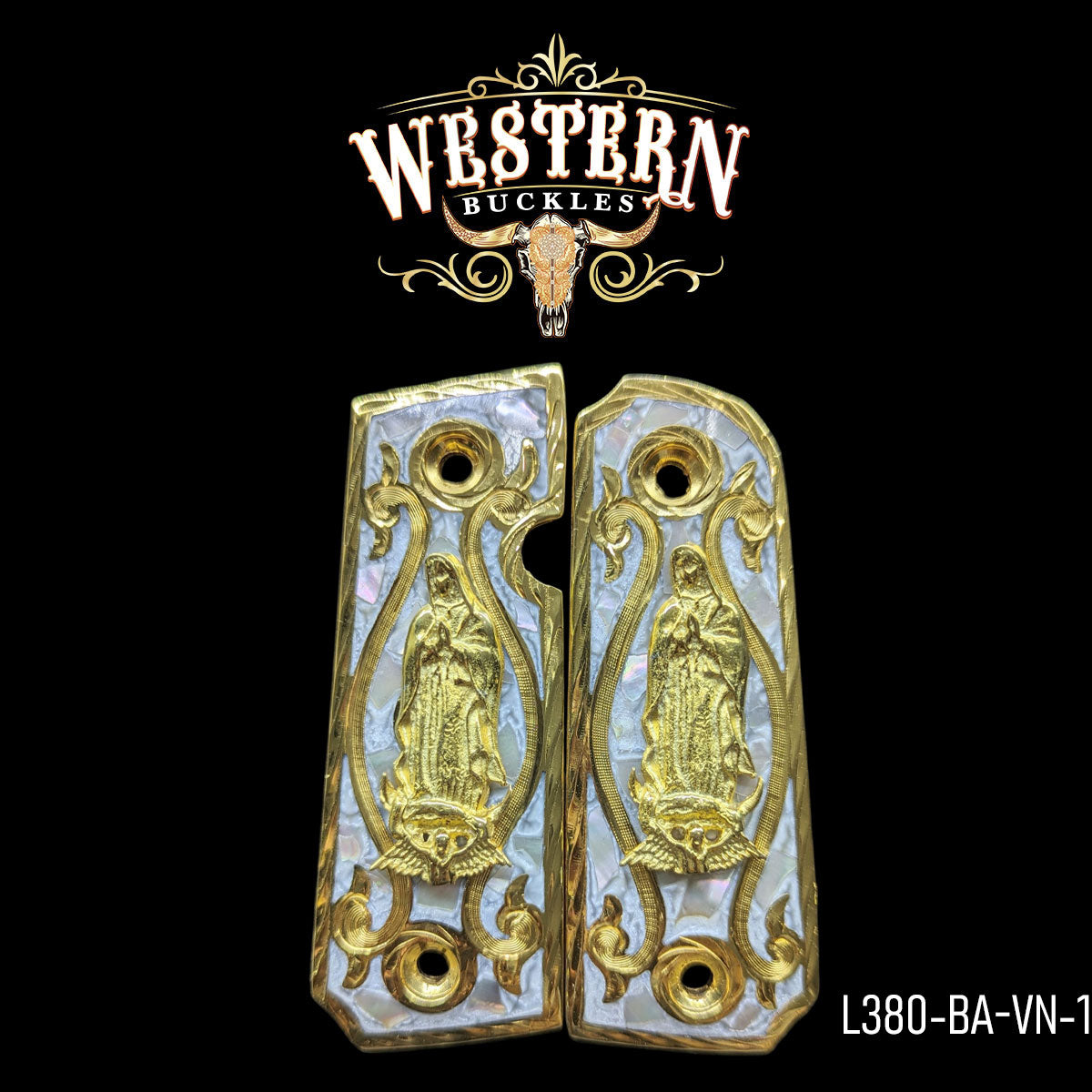 Custom Colt 1911 pistol grips with gold Virgen de Guadalupe and pearl inlay design
