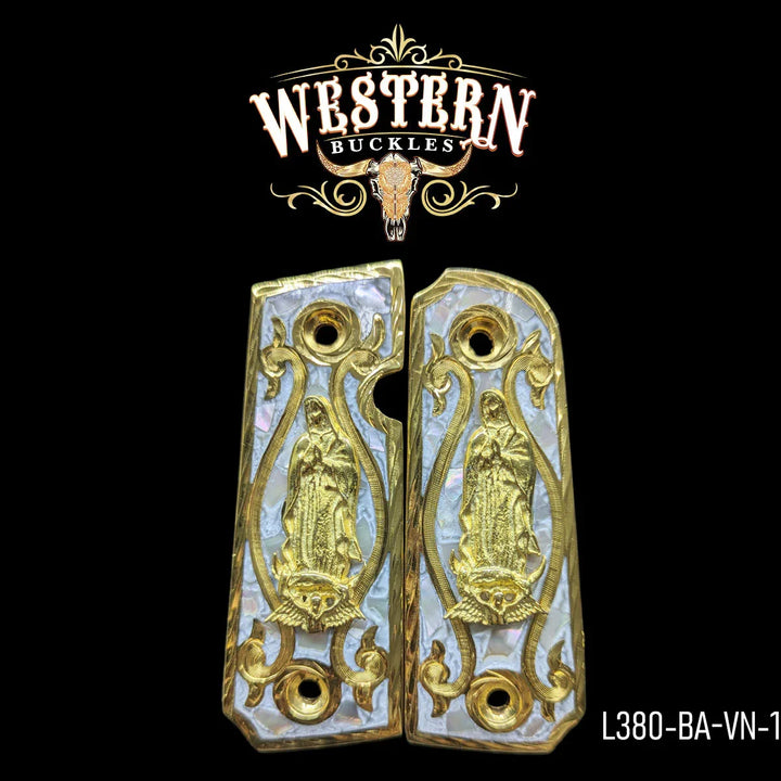 Custom Colt 1911 pistol grips with gold Virgen de Guadalupe and pearl inlay design