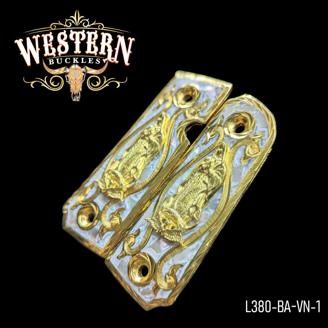 Llama Virgin of Guadalupe Gun Grips — Artisan Resin | 24K Gold Plated — Detail View | Western Buckles Handcrafted | SKU L380-BA-VN-1