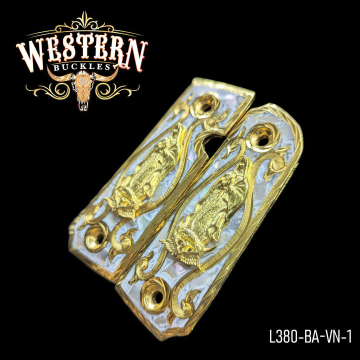 Llama Virgin of Guadalupe Gun Grips — Artisan Resin | 24K Gold Plated — Detail View | Western Buckles Handcrafted | SKU L380-BA-VN-1