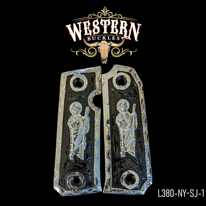 Llama San Judas Gun Grips — Hand-Engraved | .925 Silver Plated &amp; Nickel | Handcrafted by Western Buckles | SKU L380-NY-SJ-1