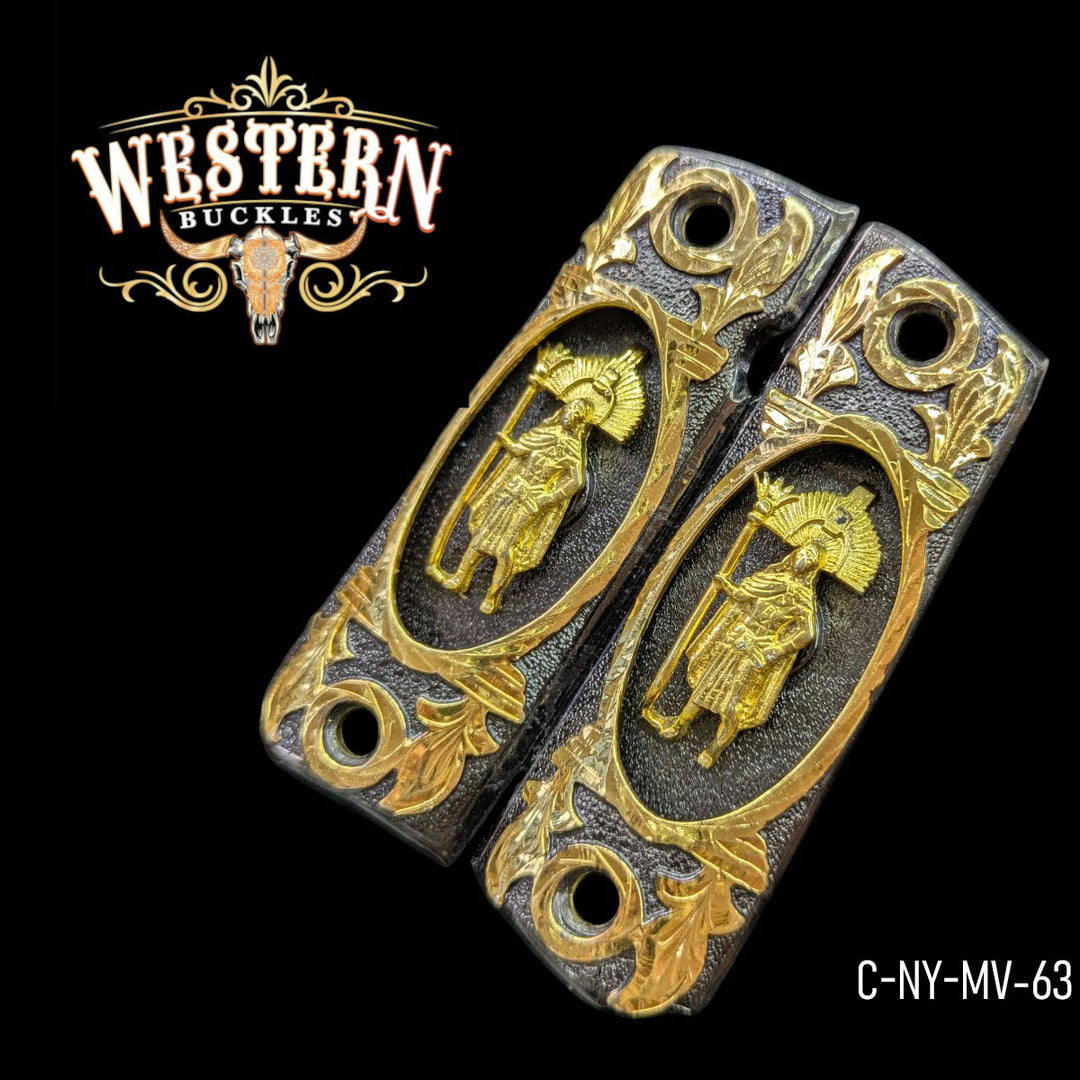 Moctezuma Custom Grips for Colt 1911 Full-Size — 24K Gold-Plated &amp; Black Nickel