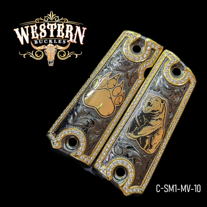 Oso (Bear) Custom Grips for Colt 1911 Full-Size — 24K Gold-Plated &amp; Black Nickel with Zirconia Stones