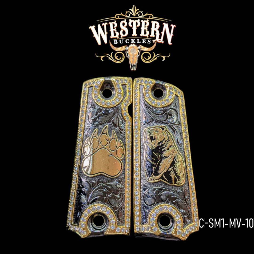 Oso (Bear) Custom Grips for Colt 1911 Full-Size — 24K Gold-Plated &amp; Black Nickel with Zirconia Stones