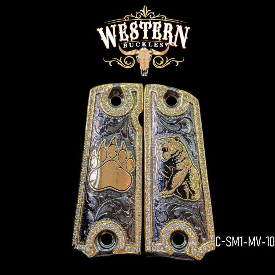 Oso (Bear) Custom Grips for Colt 1911 Full-Size — 24K Gold-Plated & Black Nickel with Zirconia Stones