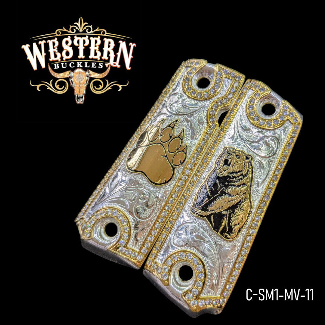 Oso (Bear) Custom Grips for Colt 1911 Full-Size — 24K Gold-Plated &amp; Silver-Plated with Zirconia Stones