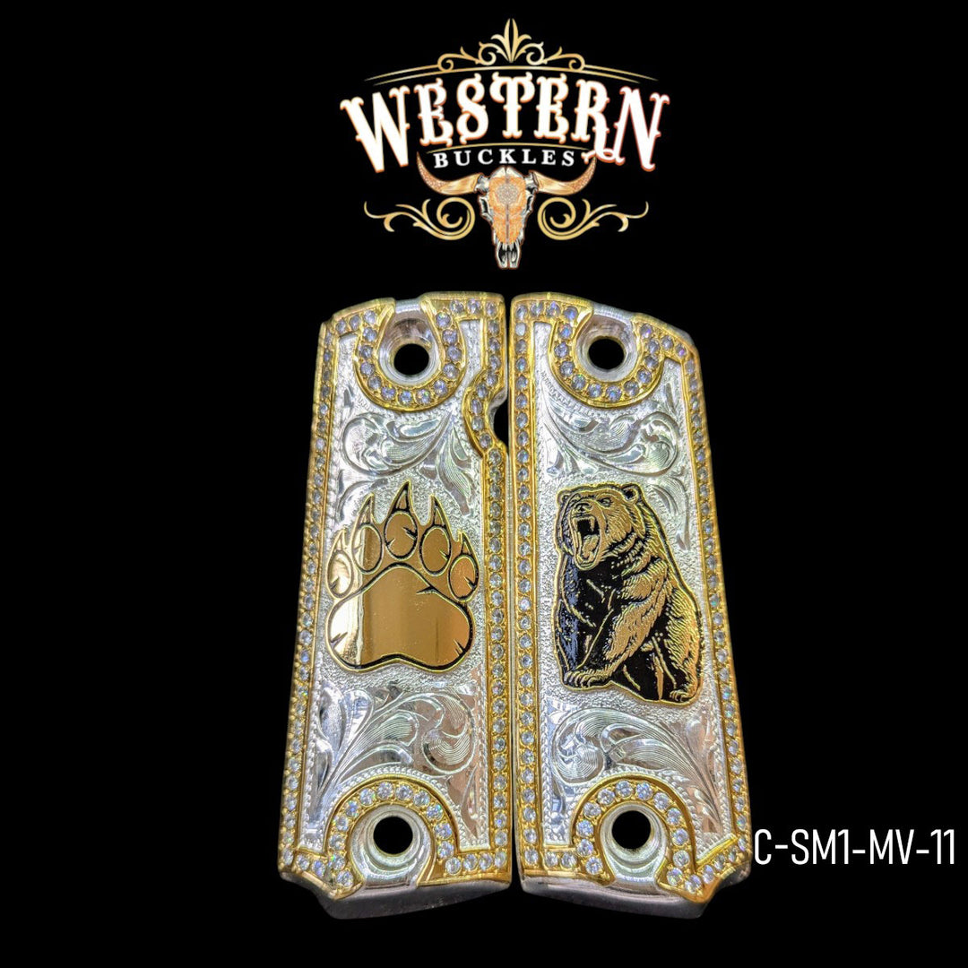 Oso (Bear) Custom Grips for Colt 1911 Full-Size — 24K Gold-Plated &amp; Silver-Plated with Zirconia Stones