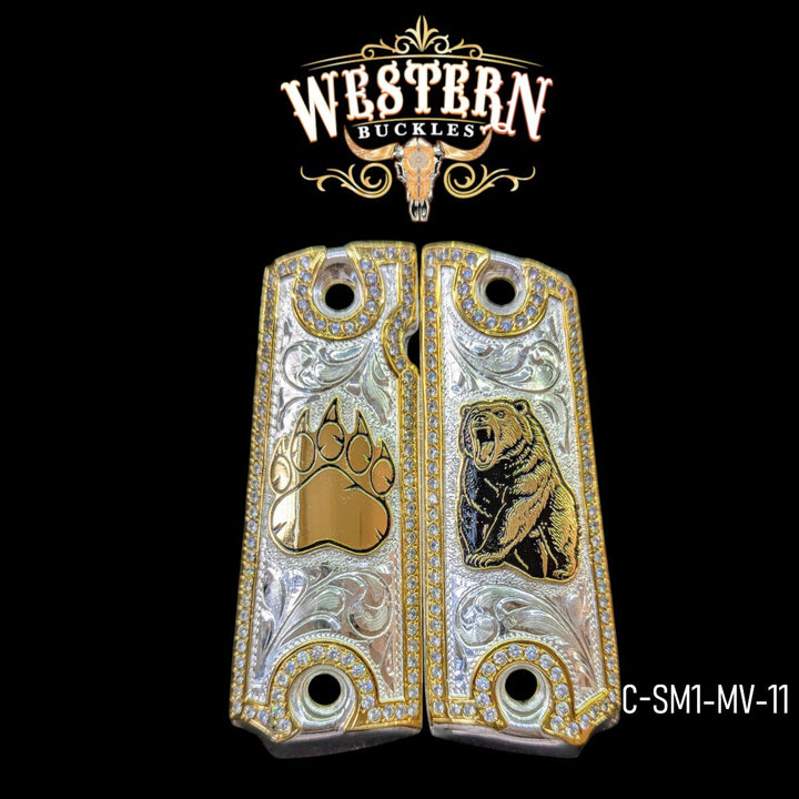 Oso (Bear) Custom Grips for Colt 1911 Full-Size — 24K Gold-Plated &amp; Silver-Plated with Zirconia Stones