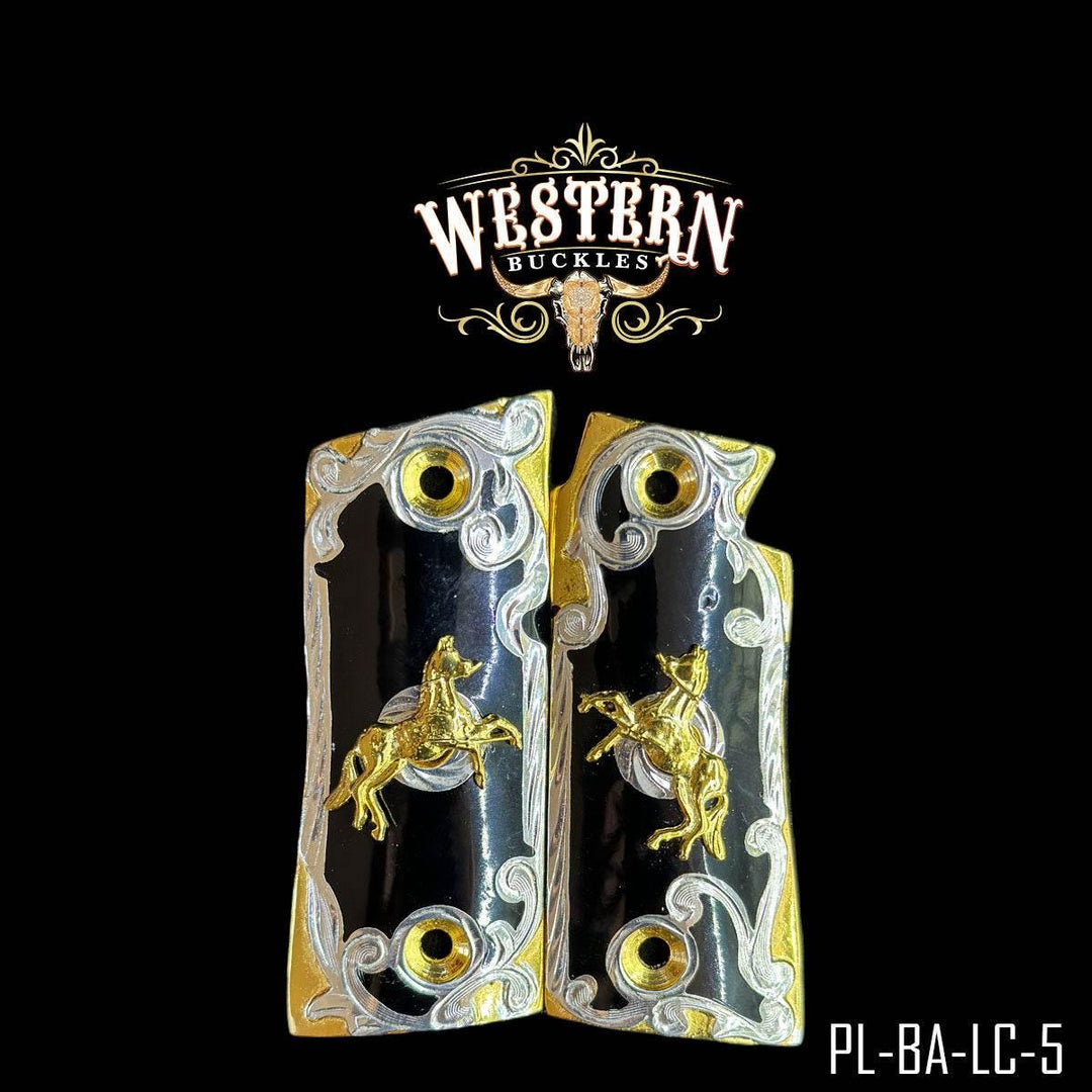 Custom black and gold Colt 1911 pistol grips with horse design and ornate western engraving