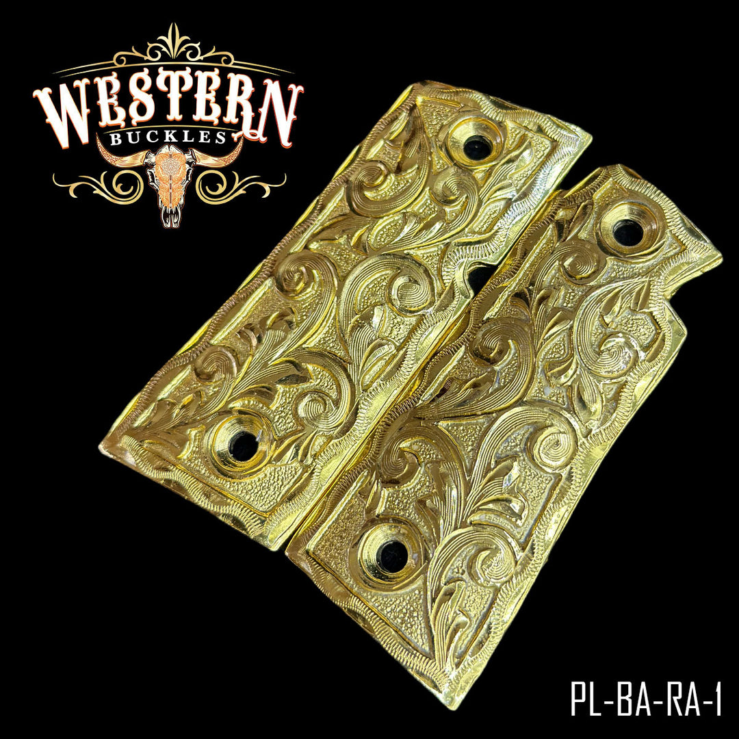 Colt 1911 Cachas — Hand-Engraved — Detail View | Western Buckles Handcrafted | SKU PL-BA-RA-1