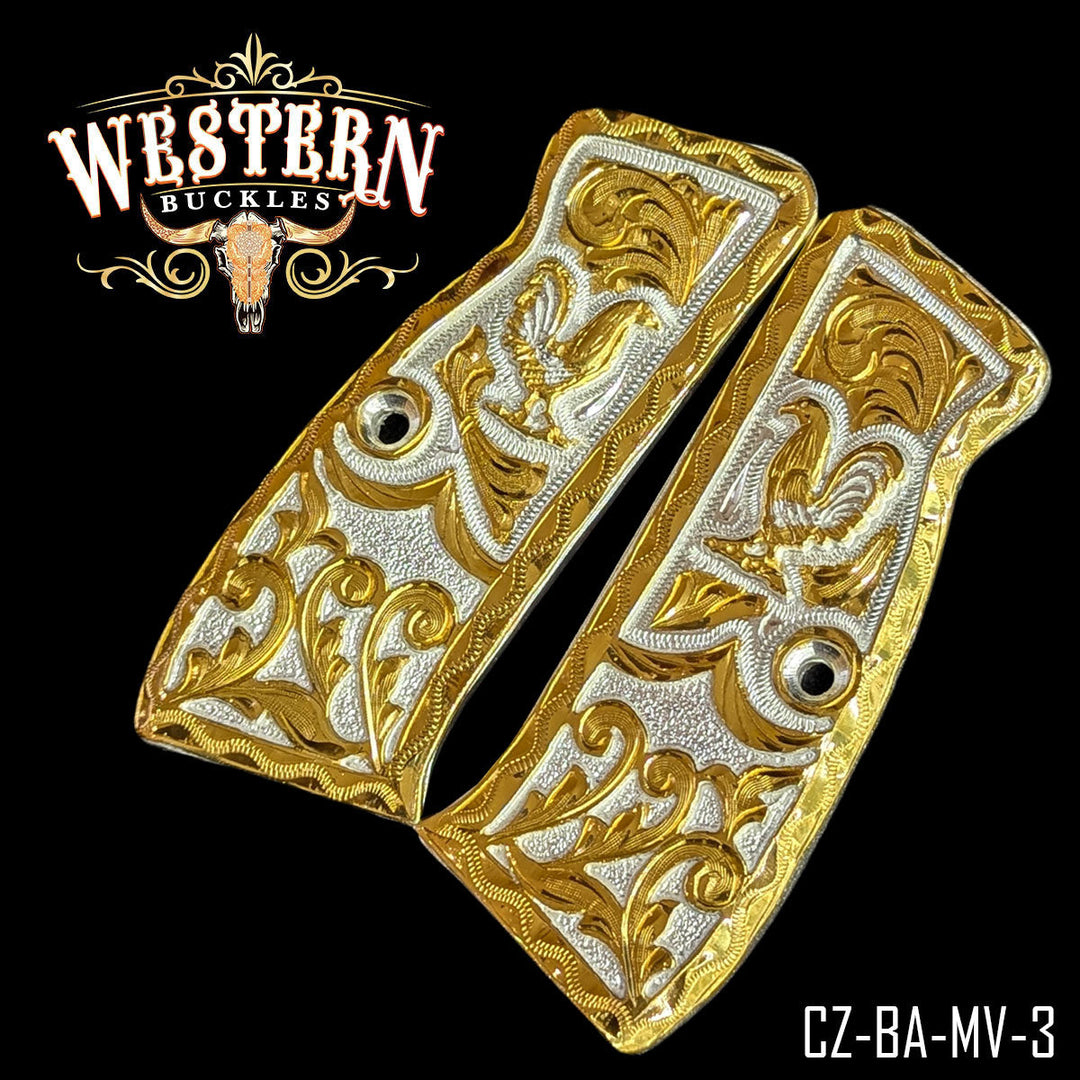 CZ 9mm Rooster Gun Grips — Detail View | Western Buckles Handcrafted | SKU CZ-BA-MV-3