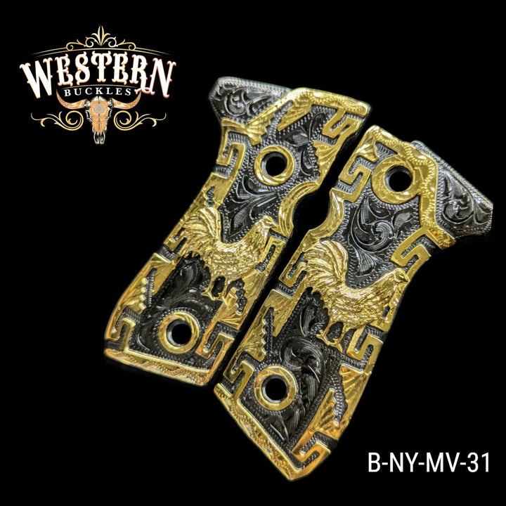 Rooster Grips for Beretta 92FS — 24K Gold-Plated &amp; Black Nickel