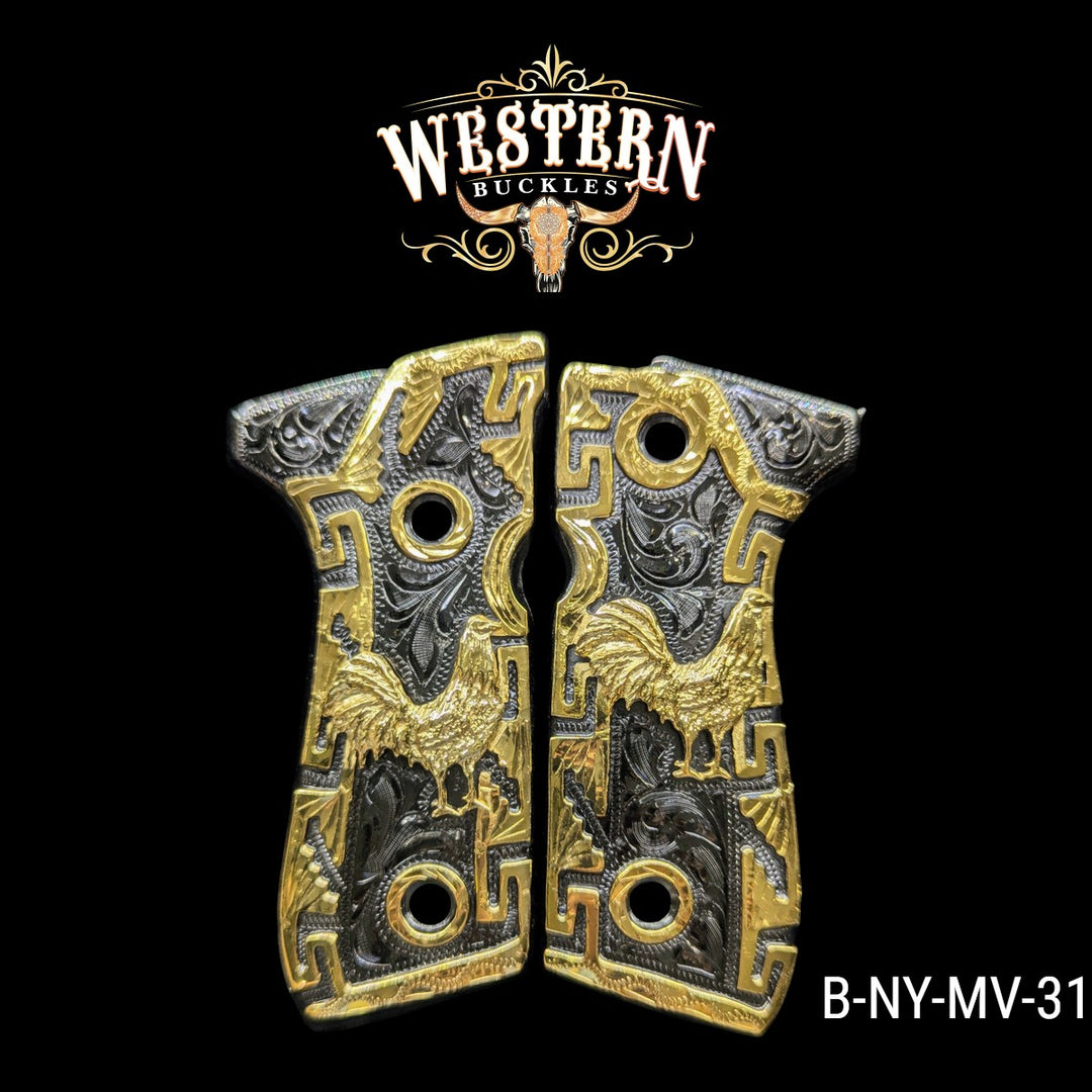 Rooster Grips for Beretta 92FS — 24K Gold-Plated &amp; Black Nickel