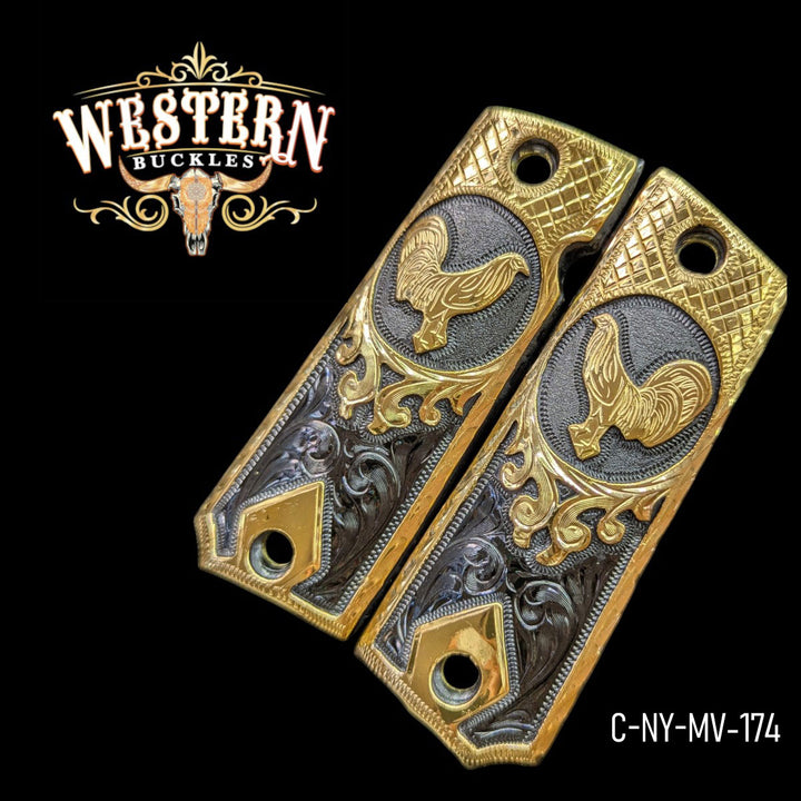 Rooster Grips for Colt 1911 Full-Size — 24K Gold-Plated &amp; Black Nickel