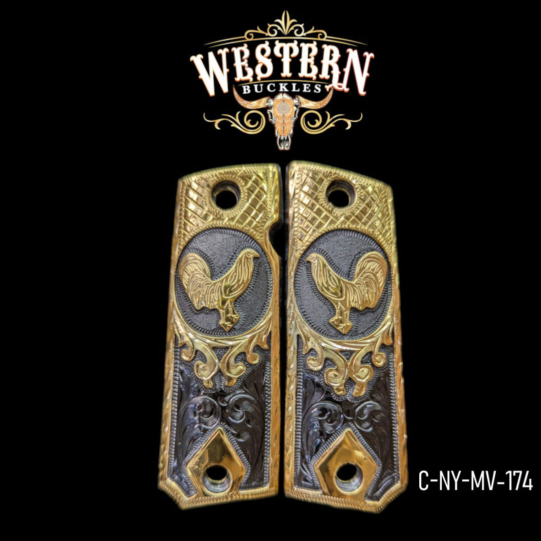 Rooster Grips for Colt 1911 Full-Size — 24K Gold-Plated &amp; Black Nickel