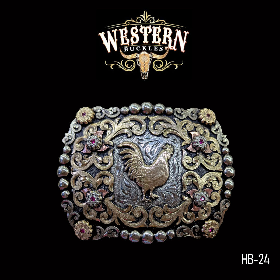 Rooster Trophy Belt Buckle -Silver and Rose Gold-The Western Buckles