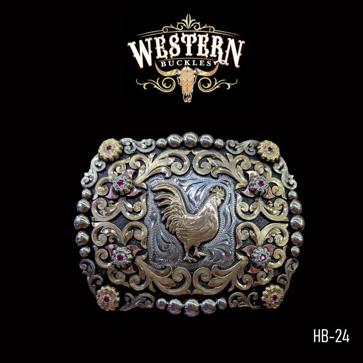 Rooster Trophy Belt Buckle -Silver and Rose Gold-The Western Buckles