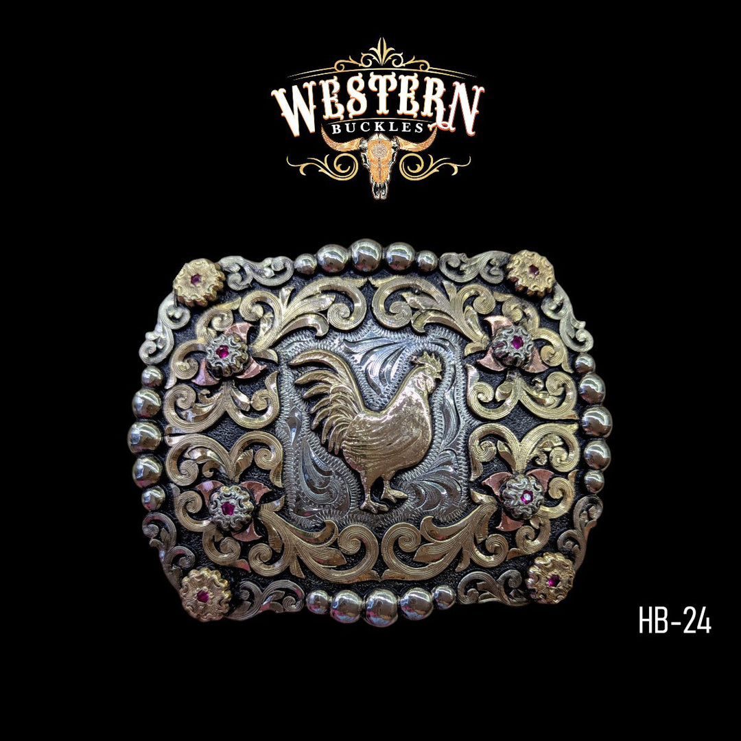 Rooster Trophy Belt Buckle -Silver and Rose Gold-The Western Buckles
