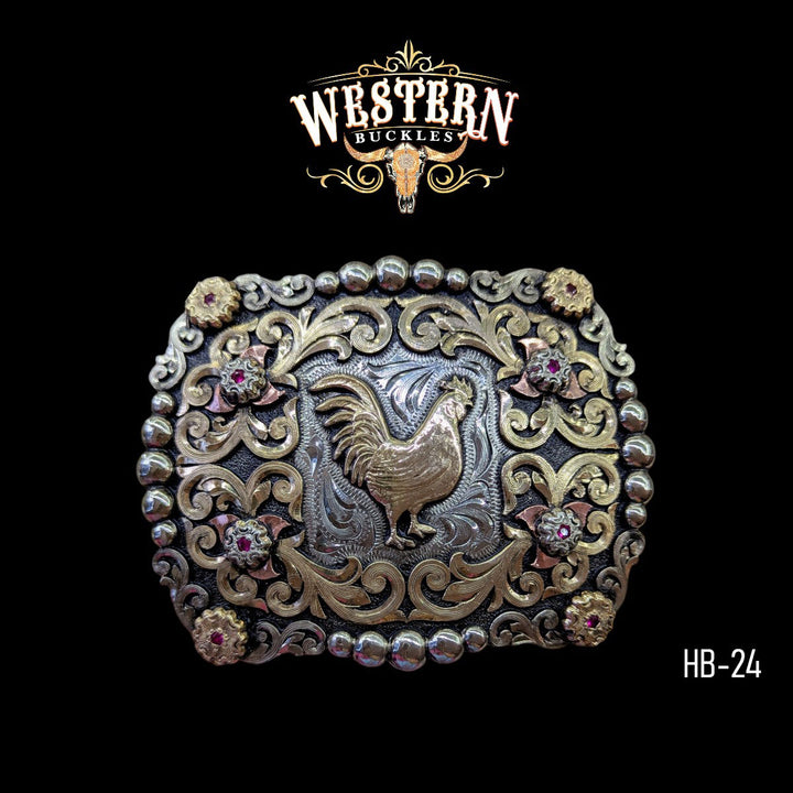 Rooster Trophy Belt Buckle -Silver and Rose Gold-The Western Buckles
