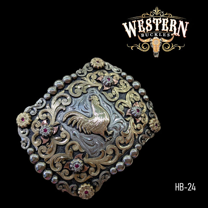 Rooster Trophy Belt Buckle -Silver and Rose Gold-The Western Buckles