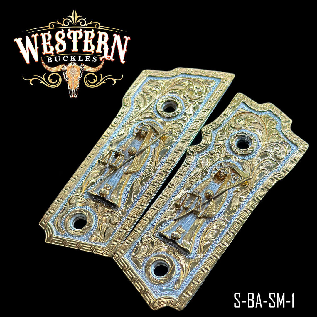 Santa Muerte Gun Grips — Hand-Engraved — Detail View | Western Buckles Handcrafted | SKU S-BA-SM-1