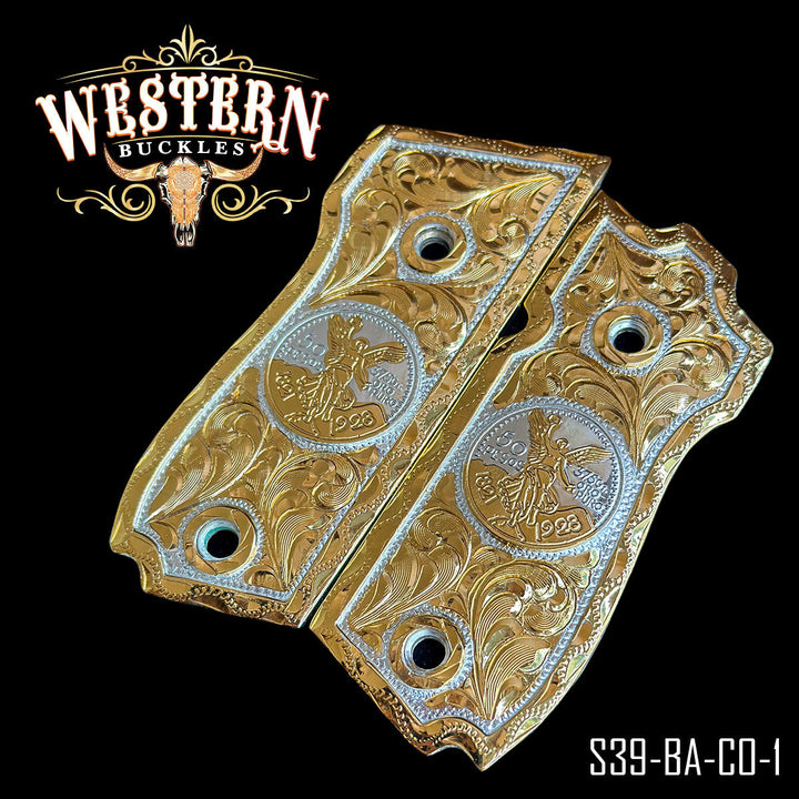 Centenario grips for the S&amp;W Model 39 — detail of the burin engraving and silver-plated coin