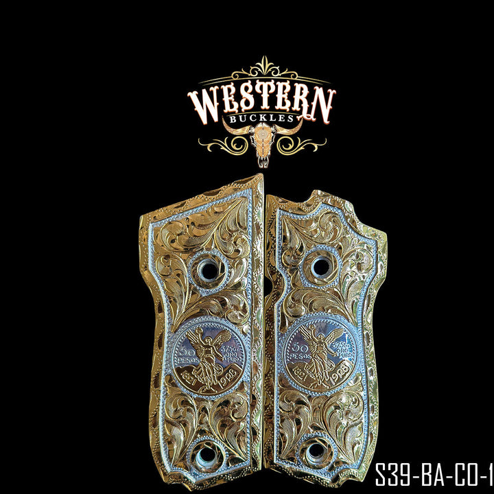 Centenario grips for the S&amp;W Model 39 — hand-engraved 24K gold-plated panel with a silver-plated fifty-peso coin