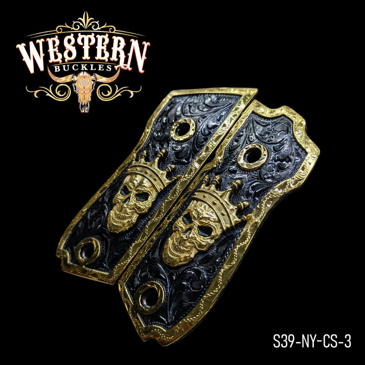 Smith &amp; Wesson Skull Gun Grips — Black Nickel — Detail View | Western Buckles Handcrafted | SKU S39-NY-CS-3