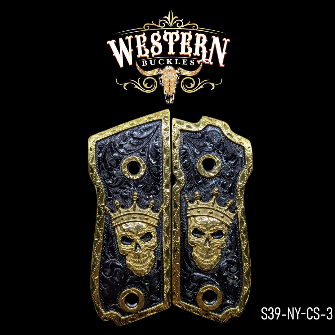 Smith & Wesson Skull Gun Grips — Black Nickel | Handcrafted by Western Buckles | SKU S39-NY-CS-3