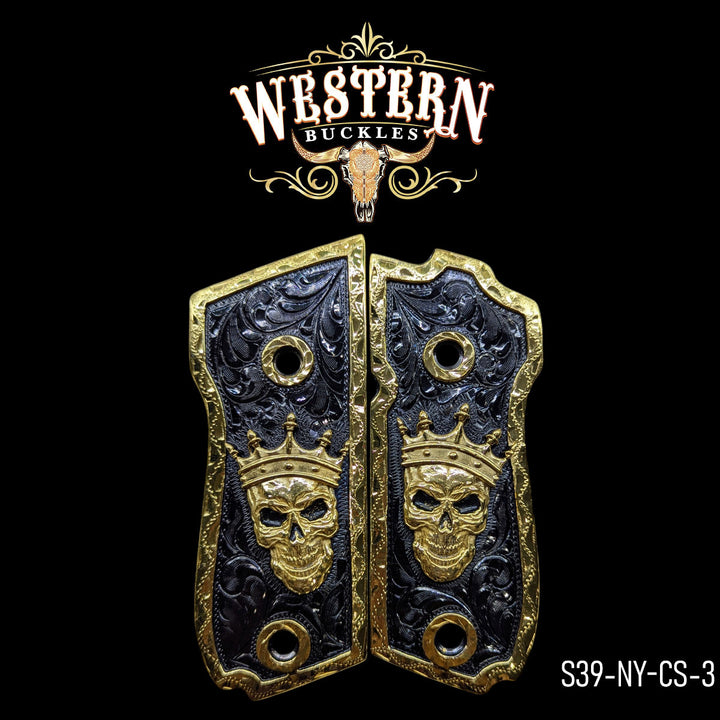 Smith &amp; Wesson Skull Gun Grips — Black Nickel | Handcrafted by Western Buckles | SKU S39-NY-CS-3