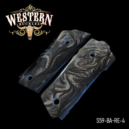 Custom black and gray swirled Colt 1911 pistol grips with unique marbled design