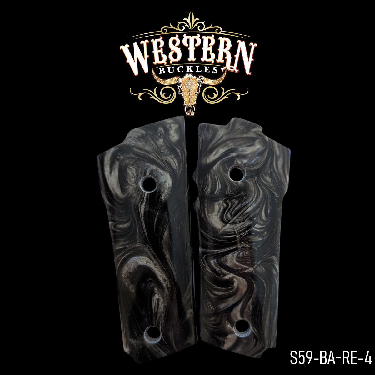 Black and silver swirled Colt 1911 pistol grips with Western style design on black background