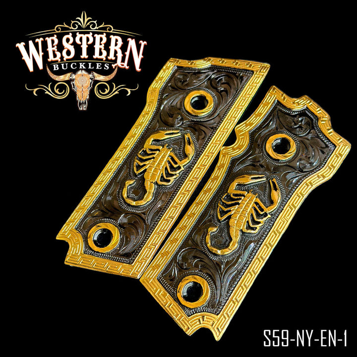 Scorpion Cachas — 24K Gold Plated — Detail View | Western Buckles Handcrafted | SKU S59-NY-EN-1