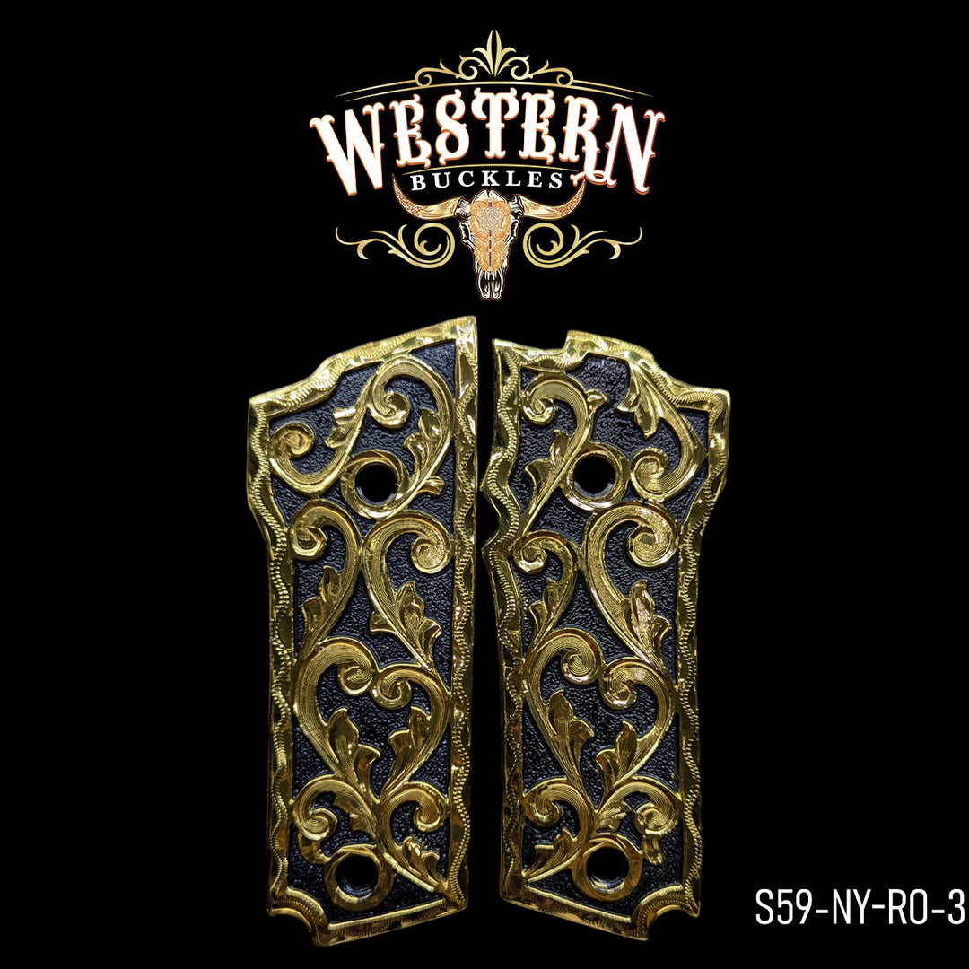 Gun Grips — Hand-Engraved | 24K Gold Plated & Black Nickel | Handcrafted by Western Buckles | SKU S59-NY-RO-3