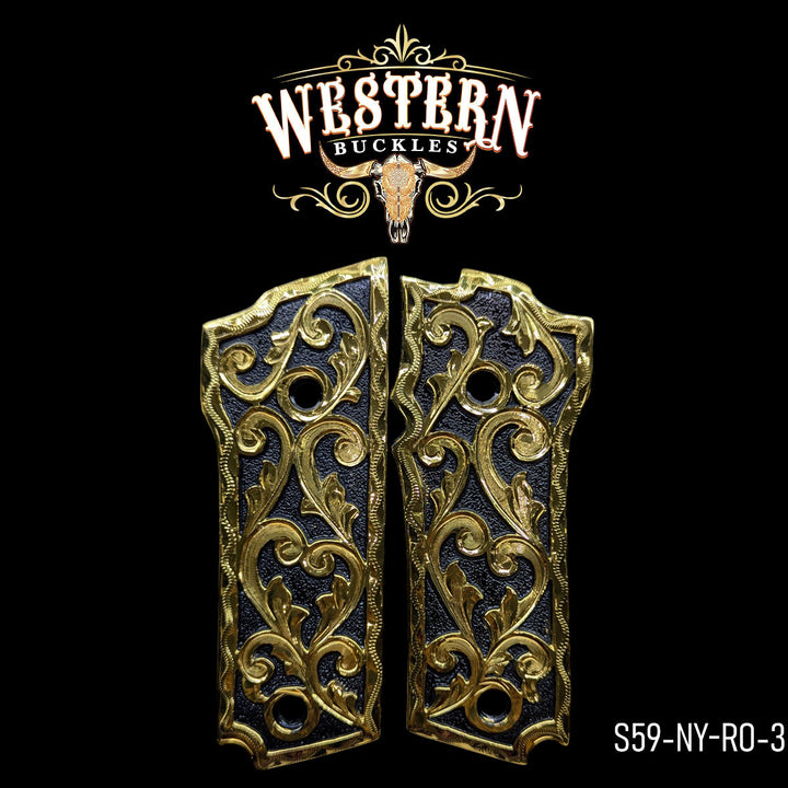 Gun Grips — Hand-Engraved | 24K Gold Plated &amp; Black Nickel | Handcrafted by Western Buckles | SKU S59-NY-RO-3