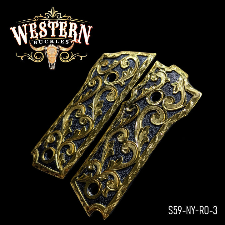 Gun Grips — Hand-Engraved | 24K Gold Plated &amp; Black Nickel — Detail View | Western Buckles Handcrafted | SKU S59-NY-RO-3