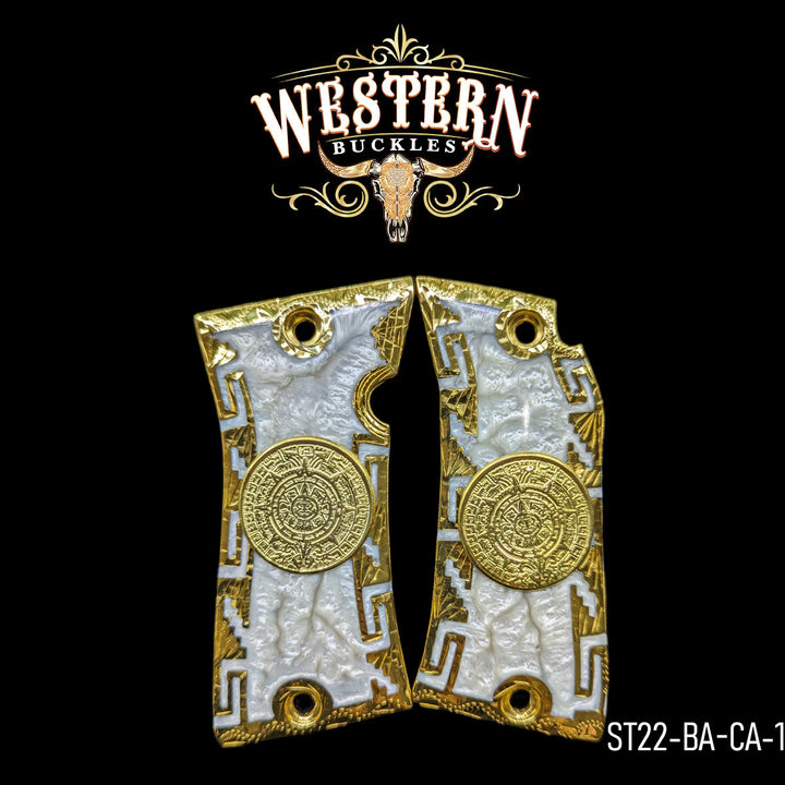 Star Aztec Calendar Gun Grips — Artisan Resin | 24K Gold Plated | Handcrafted by Western Buckles | SKU ST22-BA-CA-1