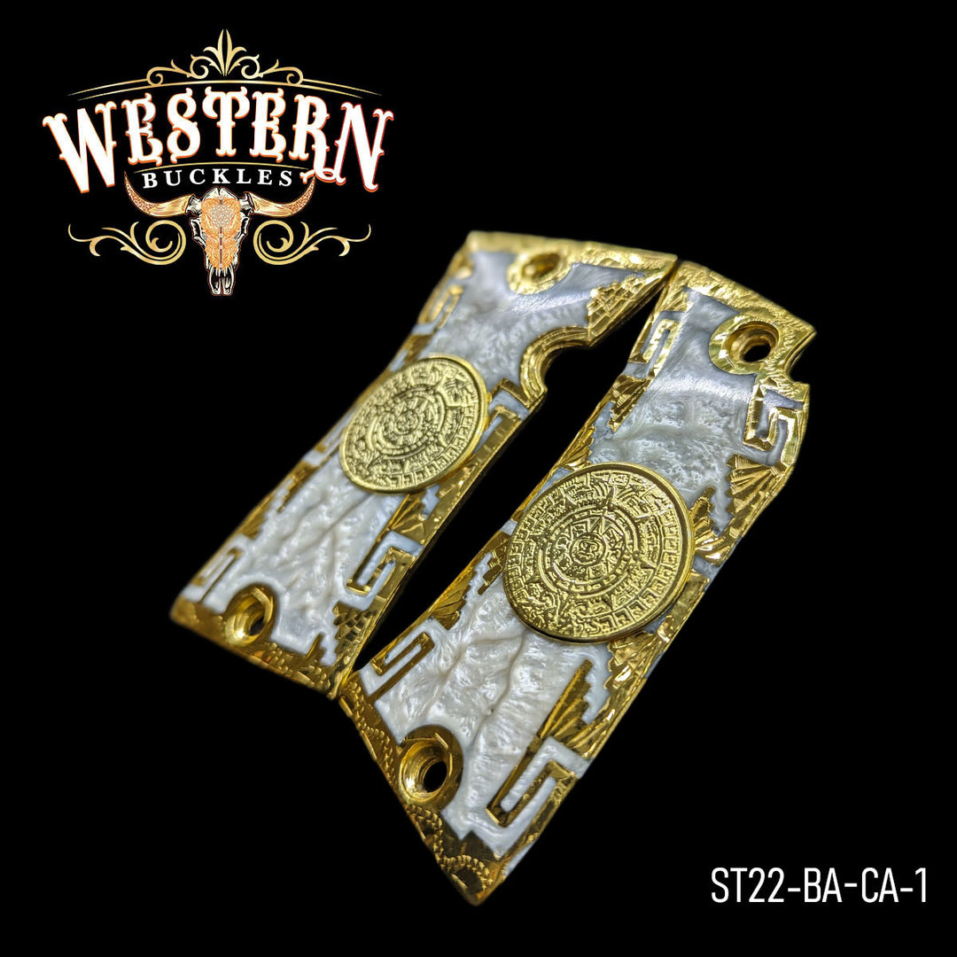 Star Aztec Calendar Gun Grips — Artisan Resin | 24K Gold Plated — Detail View | Western Buckles Handcrafted | SKU ST22-BA-CA-1
