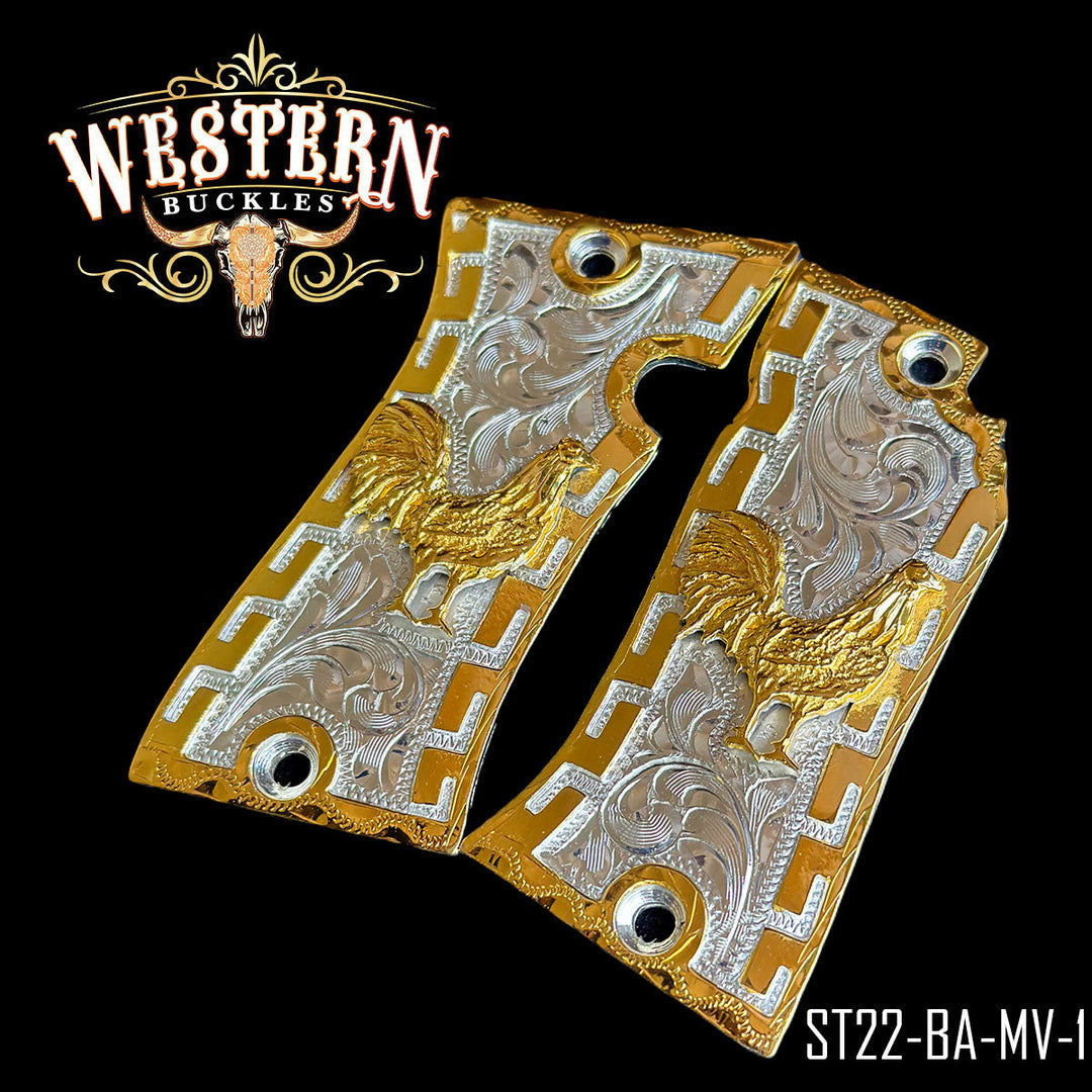 Star Rooster Cachas — Detail View | Western Buckles Handcrafted | SKU ST22-BA-MV-1