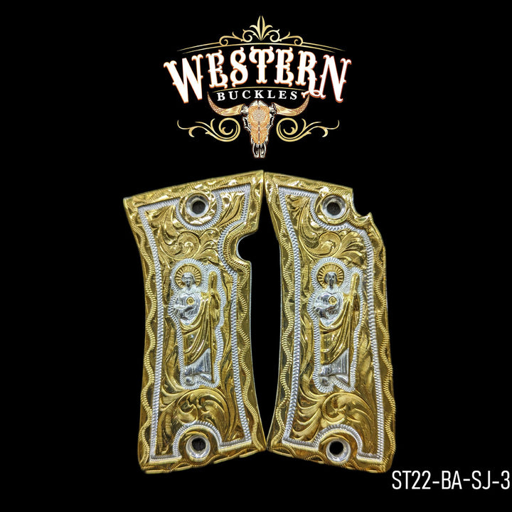 Star San Judas Gun Grips — 24K Gold Plated | Handcrafted by Western Buckles | SKU ST22-BA-SJ-3