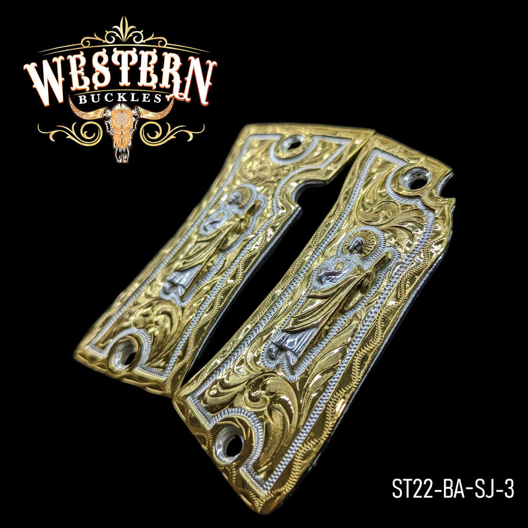 Star San Judas Gun Grips — 24K Gold Plated — Detail View | Western Buckles Handcrafted | SKU ST22-BA-SJ-3