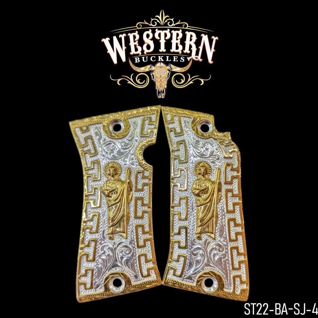 Star San Judas Gun Grips — Hand-Engraved | 24K Gold Plated | Handcrafted by Western Buckles | SKU ST22-BA-SJ-4