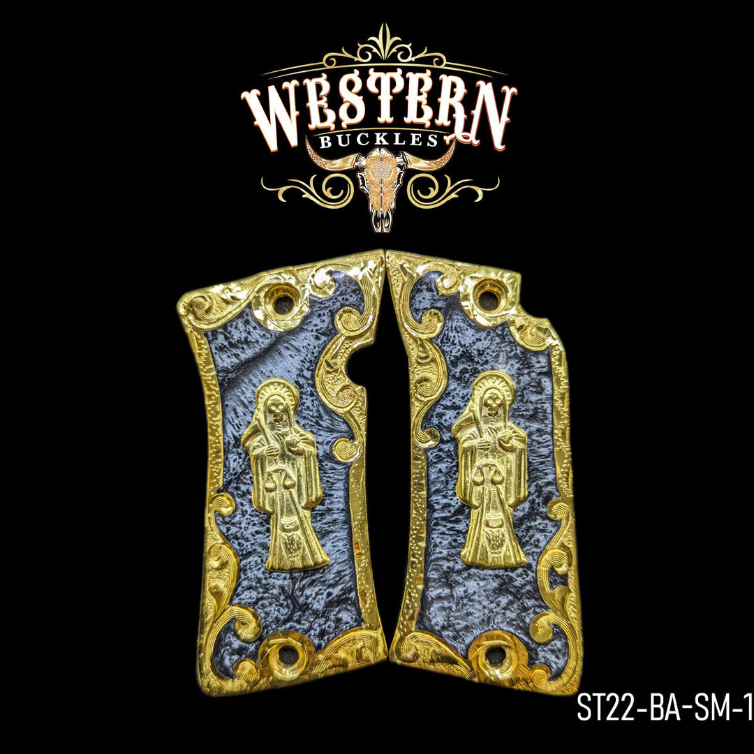 Star Santa Muerte Gun Grips — Artisan Resin | 24K Gold Plated | Handcrafted by Western Buckles | SKU ST22-BA-SM-1